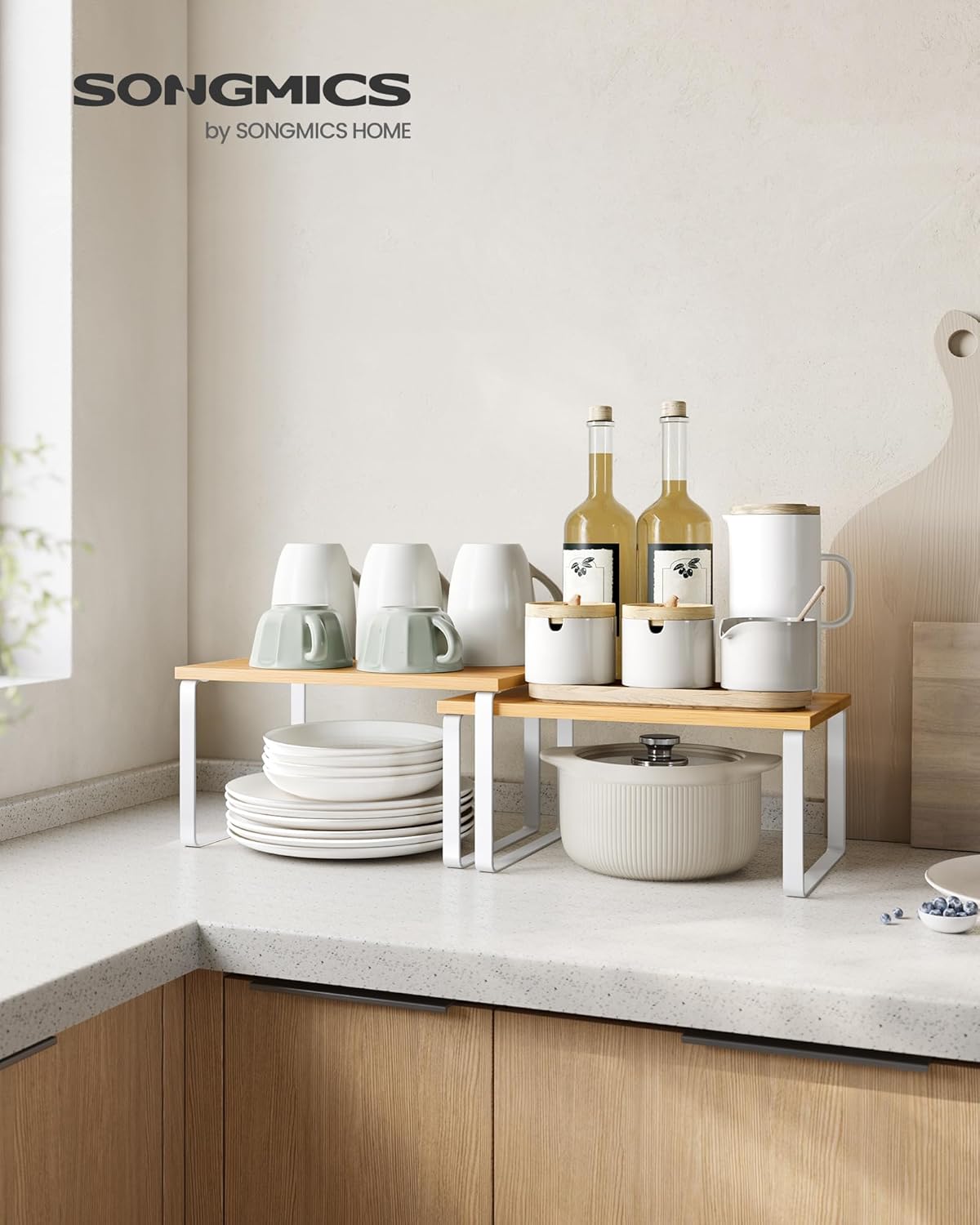 SONGMICS Cabinet Organizer Shelf, Set of 2 Kitchen Counter Shelves, Kitchen Storage, Spice Rack, Stackable, Expandable, Metal and Engineered Wood, Cloud White and Natural Beige UKCS02NW - Image 3