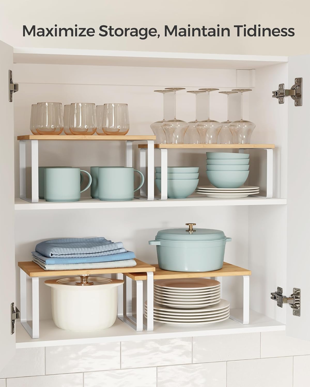 SONGMICS Cabinet Organizer Shelf, Set of 2 Kitchen Counter Shelves, Kitchen Storage, Spice Rack, Stackable, Expandable, Metal and Engineered Wood, Cloud White and Natural Beige UKCS02NW - Image 4