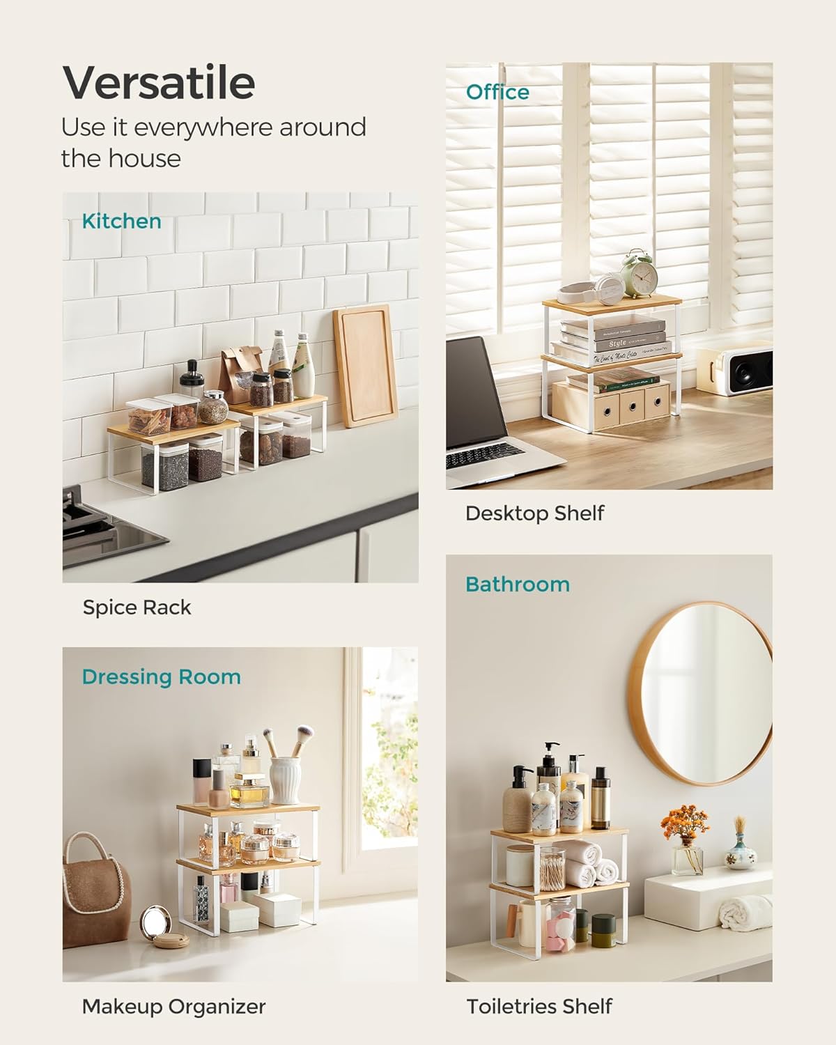 SONGMICS Cabinet Organizer Shelf, Set of 2 Kitchen Counter Shelves, Kitchen Storage, Spice Rack, Stackable, Expandable, Metal and Engineered Wood, Cloud White and Natural Beige UKCS02NW - Image 6