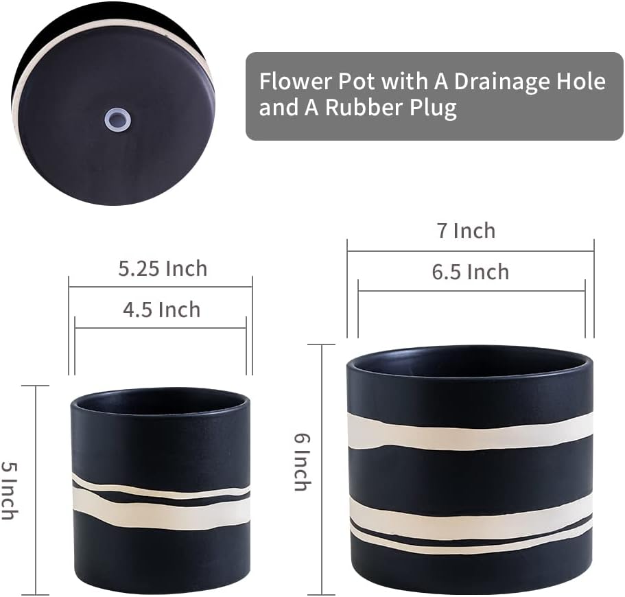Nihow Modern Ceramic Plant Pot - 5 + 7 Inch Flower Pot for All Indoor Plants - Sturdy Planter Pots with Drainage Hole & Rubber Plugs - Semi-Matte Black & Nature - Plants Not Included - Image 2