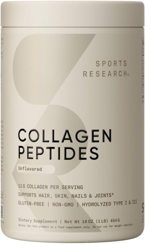 Sports Research Collagen Peptides for Women & Men, Unflavored, 16 oz., Hydrolyzed Type 1 & 3 Collagen Powder Protein Supplement for Healthy Skin, Nails, Bones & Joints