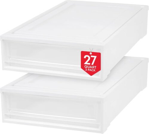 IRIS USA 27.5 Qt Plastic Under Bed Storage Stackable Organizer Bin Container with Sliding Organizer Drawers, 2-Pack, Multi-Purpose for Clothes Shoes Clothing Bedding, White