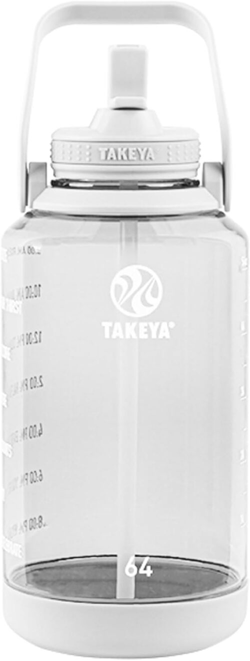 Takeya 64 oz Motivational Water Bottle with Straw Lid with Time Marker, Half Gallon, Premium Quality BPA Free Tritan Plastic, Cloud White