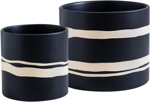 Nihow Modern Ceramic Plant Pot – 5 + 7 Inch Flower Pot for All Indoor Plants – Sturdy Planter Pots with Drainage Hole & Rubber Plugs – Semi-Matte Black & Nature – Plants Not Included