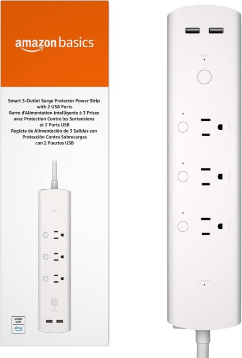 Amazon Basics Smart Plug Power Strip with 3 Individually Controlled Outlets and 2 USB-A Ports, Works with Alexa Only, 2.4 GHz Wi-Fi, No Hub Required, White