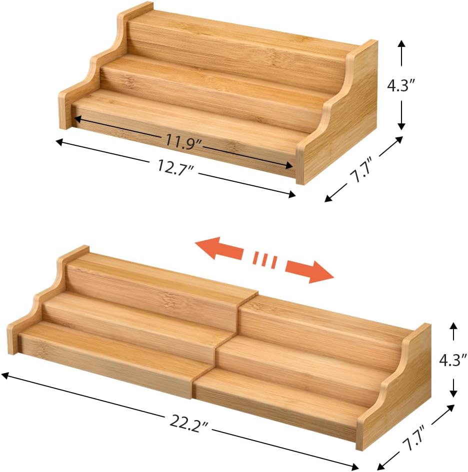 Spice Rack Kitchen Cabinet Organizer- 3 Tier Bamboo Expandable Display Shelf Yellow - Image 6