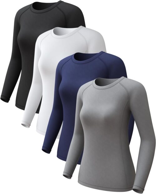 Women’s Long Sleeve Compression Shirts Athletic Workout Tops Sun Protection Cool Dry Undershirt for Yoga Gym 2 4 Pack