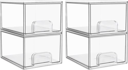 Vtopmart 4 Pack Clear Stackable Storage Drawers, 4.4” Tall Acrylic Bathroom Makeup Organizer,Plastic Storage Bins For Vanity, Undersink, Kitchen Cabinets, Pantry, Home Organization