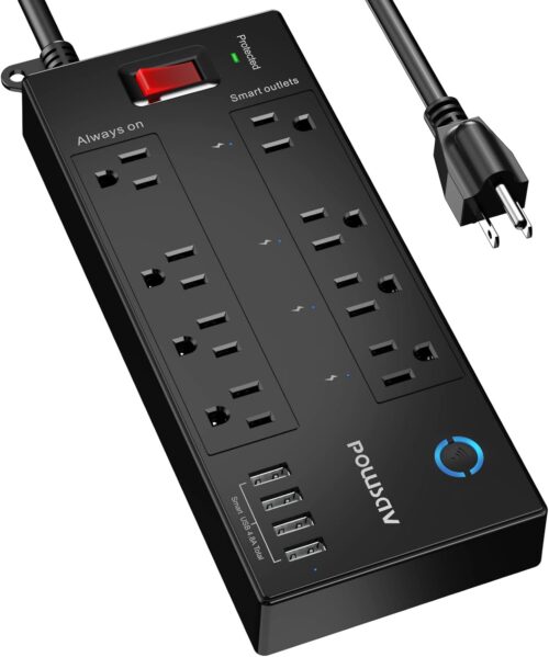 6 Ft WiFi Surge Protector – 8 Outlet Extension Cord with 4 Smart & 4 Always On Outlets, 4 USB Ports, Alexa & Google Home Compatible, Black