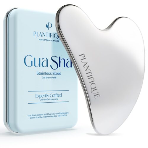 PLANTIFIQUE Stainless Steel Gua Sha | Facial Tool | Skin Massage for Face Body Eyes Neck Heart Style with Travel Pouch | Skin Care Gift