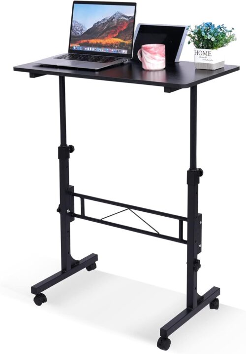 Standing Desk Adjustable Height, Mobile Stand Up Desk with Wheels Small Computer Desk Rolling Desk, Portable Laptop Desk Black Standing Table Sit Stand Home Office Desks 16″x31.5″ Height 27″-43.5″