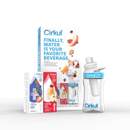 Cirkul 12oz BPA-Free Plastic Water Bottle Starter Kit for Kids with Blue Lid, 2 Flavor Cartridges (1 LifeSip Fruit Punch, 1 FitSip Mixed Berry)