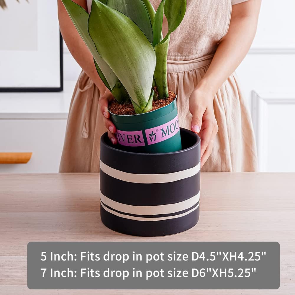 Nihow Modern Ceramic Plant Pot - 5 + 7 Inch Flower Pot for All Indoor Plants - Sturdy Planter Pots with Drainage Hole & Rubber Plugs - Semi-Matte Black & Nature - Plants Not Included - Image 3
