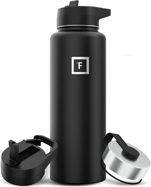 IRON °FLASK Camping & Hiking Hydration Flask with 3 Lids – Stainless Steel, Double Walled & Vacuum Insulated Water Bottle – Leak Proof & BPA Free (Midnight Black, Straw – 40 oz)