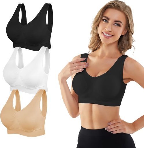Seamless Sports Bras for Women 3 Pack,Wireless Bras Low Impact Sports Bra Sleep Comfortable Yoga Bras with Removable Pads