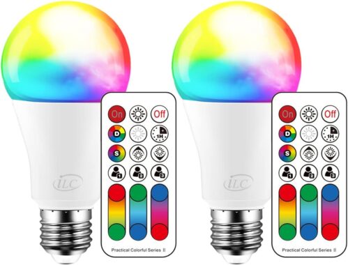 ILC Color Changing LED Light Bulb, 120 Colors, 2700K Warm White, 70 Watt Equivalent, DIY Strobe, RGB with Remote Control, LED 10W A19 E26 Screw (Pack of 2)