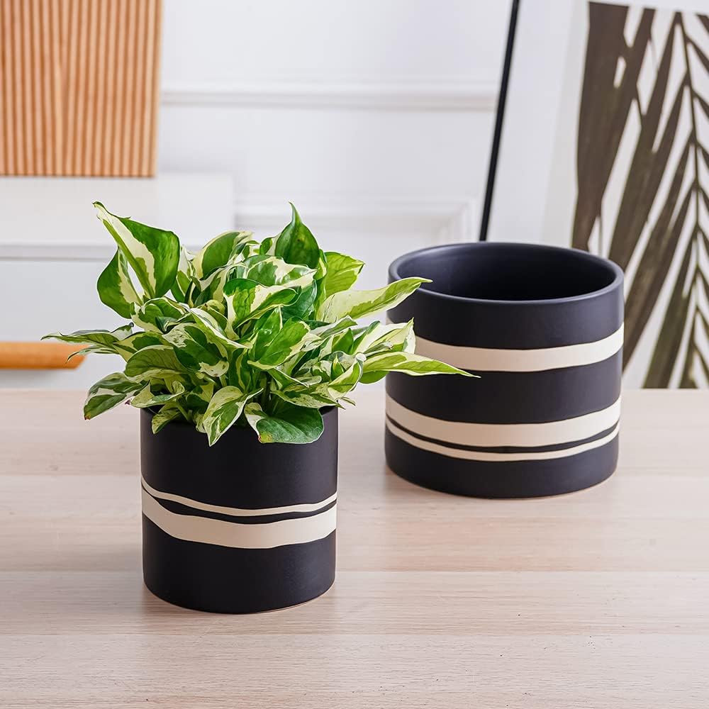Nihow Modern Ceramic Plant Pot - 5 + 7 Inch Flower Pot for All Indoor Plants - Sturdy Planter Pots with Drainage Hole & Rubber Plugs - Semi-Matte Black & Nature - Plants Not Included - Image 5