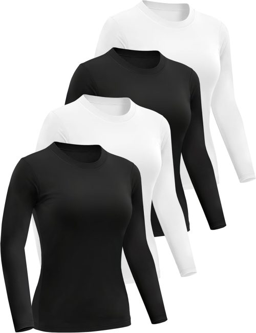 4 Pack Women’s Long Sleeve Basic Shirts Crew Neck Slim Fitted Compression Gym Workout Athletic Underscrubs Tops