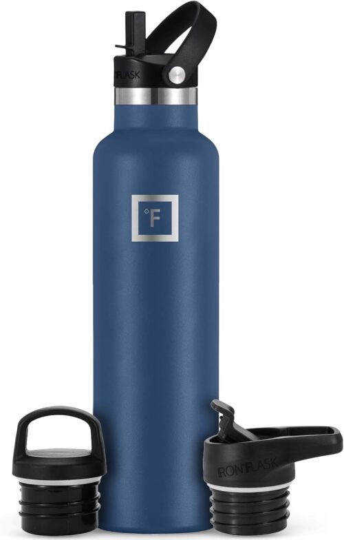 IRON °FLASK Camping & Hiking Hydration Canteens – 3 Lids (Narrow Straw Lid) Leak Proof Vacuum Insulated Stainless Steel – Hot & Cold Double Walled Sports Water Bottle – Twilight Blue, 24 Oz