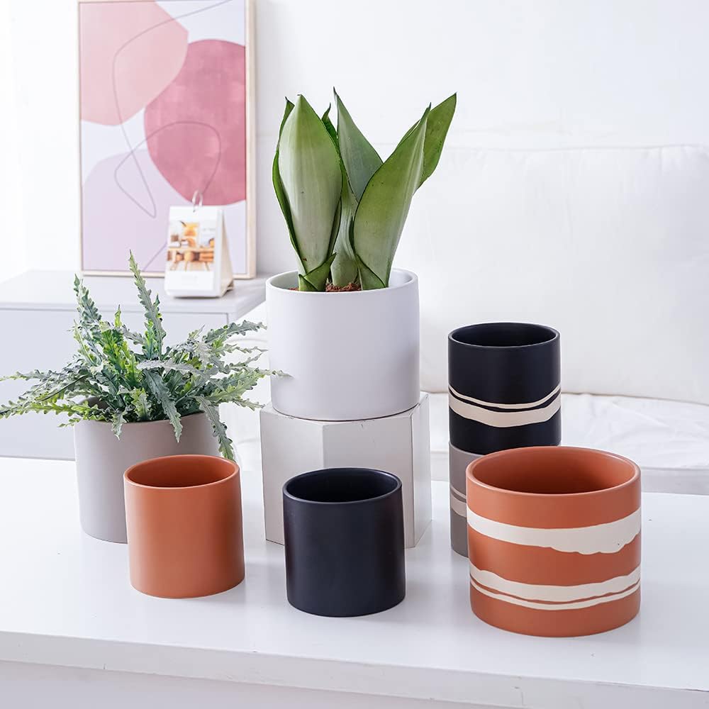Nihow Modern Ceramic Plant Pot - 5 + 7 Inch Flower Pot for All Indoor Plants - Sturdy Planter Pots with Drainage Hole & Rubber Plugs - Semi-Matte Black & Nature - Plants Not Included - Image 7