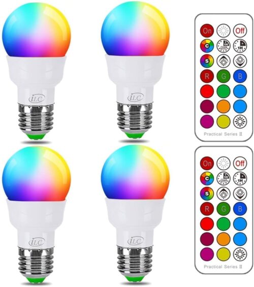 ILC RGB LED Color Changing Light Bulb, 40W Equivalent, 450LM, 2700K Warm White 5W E26 Screw Base RGBW, Flood Light Bulb- 12 Color Choices – Timing Infrared Remote Control (4 Pack)