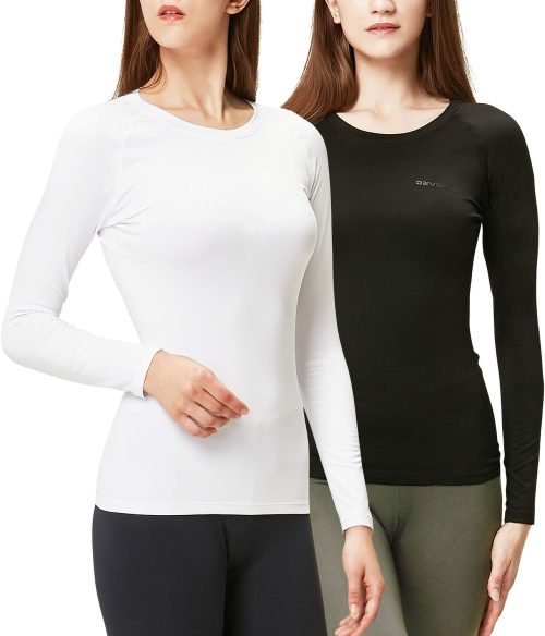 DEVOPS Women’s 2 Pack Thermal Long Sleeve Shirts Compression Baselayer Tops (X-Small, Black/Black)