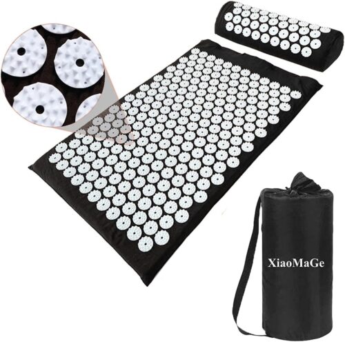 XiaoMaGe Acupressure Mat and Pillow Set with Bag – Large Size 28.7 X 16.5 inch Acupuncture Mat for Neck & Back Pain, Muscle Relaxation Stress Relief, Sciatica Pain Relief Pillow (Black)