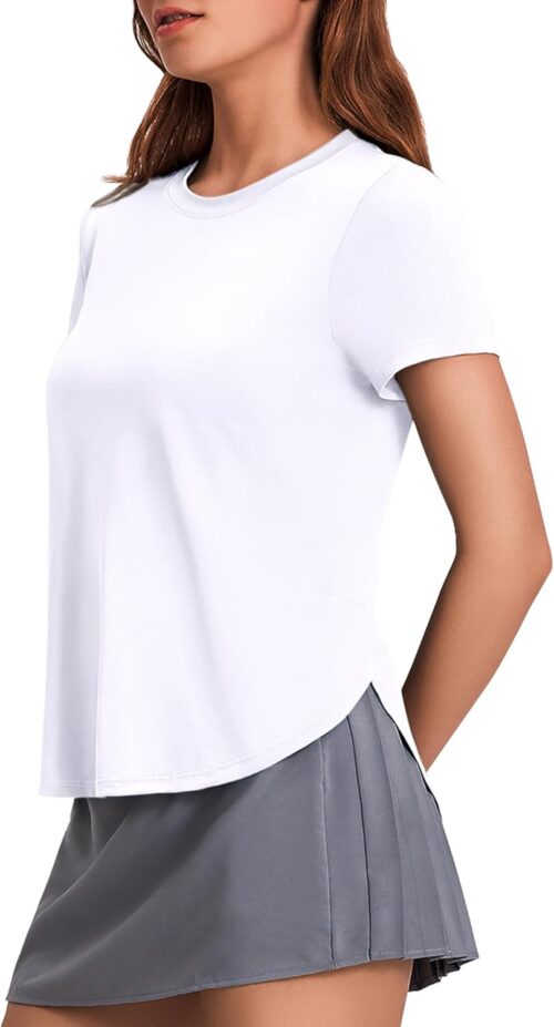 PINSPARK Workout Tops for Women UPF 50+ Yoga Shirts Short Sleeve Athletic Tops with Side Slits Running Gym Tee Top Loose Fit