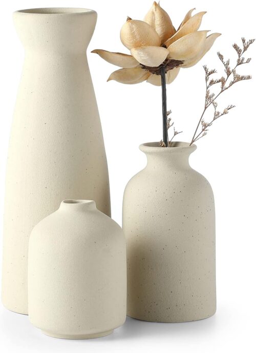 CEMABT Beige Ceramic vase Set-3 Small Flower vases for Decor,Modern Boho Farmhouse Home Decor,Decorative vase for Pampas Grass&Dried Flowers,idea Shelf,Table,Bookshelf ,Entryway- Distressed