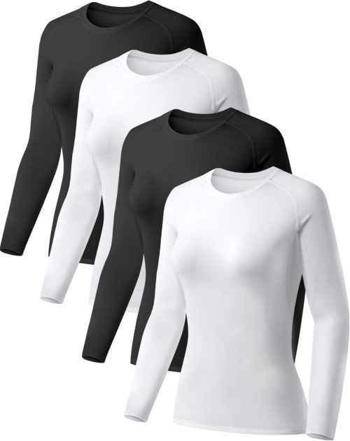 TELALEO 4 Pack Women’s Compression Shirt Long Sleeve Performance Workout Baselayer Athletic Top Sports Gear