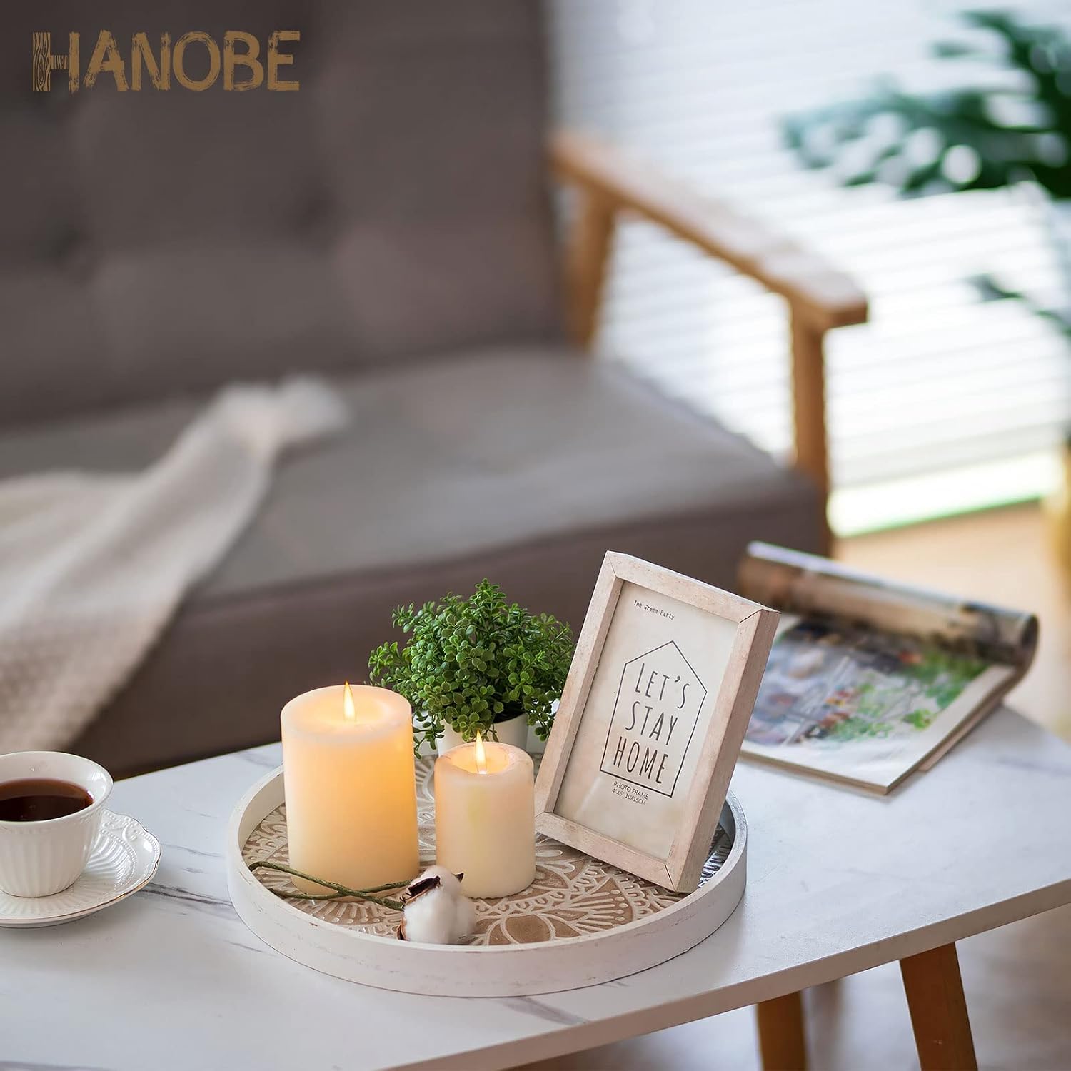 Hanobe Decorative Serving Tray Round: Farmhouse Coffee Table Tray for Ottoman Boho Wooden Centerpiece Rustic White Washed Mandala Home Decor Living Dining Room Kitchen Counter Display - Image 2