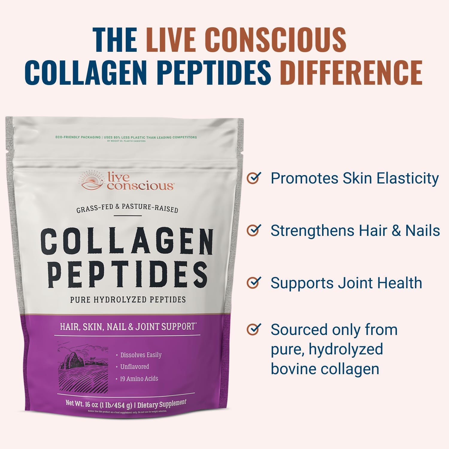 Live Conscious Collagen Peptides Powder - Naturally-Sourced Hydrolyzed Collagen Powder - Hair, Skin, Nail, and Joint Support - Type I & III Grass-Fed Collagen Supplements for Women and Men - 16oz - Image 3