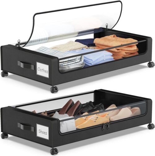 Under Bed Storage with Wheels, XXL 60L Under Bed Storage Containers, under the bed storage Organizer with Clear Lids – Rolling Drawers & Bins for Clothes,Shoes,Toys, 2-Pack (Black)