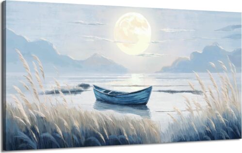 Large Wall Art for Living Room Bedroom Decor – Modern Nautical Beachy Ocean Beach Seascape Nature Artwork with Blue Boat Moon Lake Mountain Sea – Relaxing Serene Canvas Picture for Coastal Rustic Home