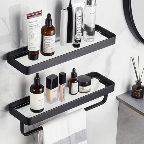 VOLPONE Bathroom Shelves Wall Mounted Glass Shelf for Bathroom Floating Shelf Tempered Glass Shelf 2 Tier Bathroom Wall Organizer(Black)
