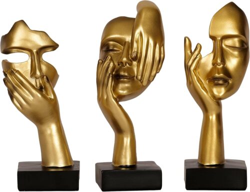 3 Piece Thinker Statue Gold Home Decor Abstract Face Sculpture Resin Thinker Figurines for Desktop Office Desk Living Room Table Collection Figurine Decoration Bookshelf Decorative Objects