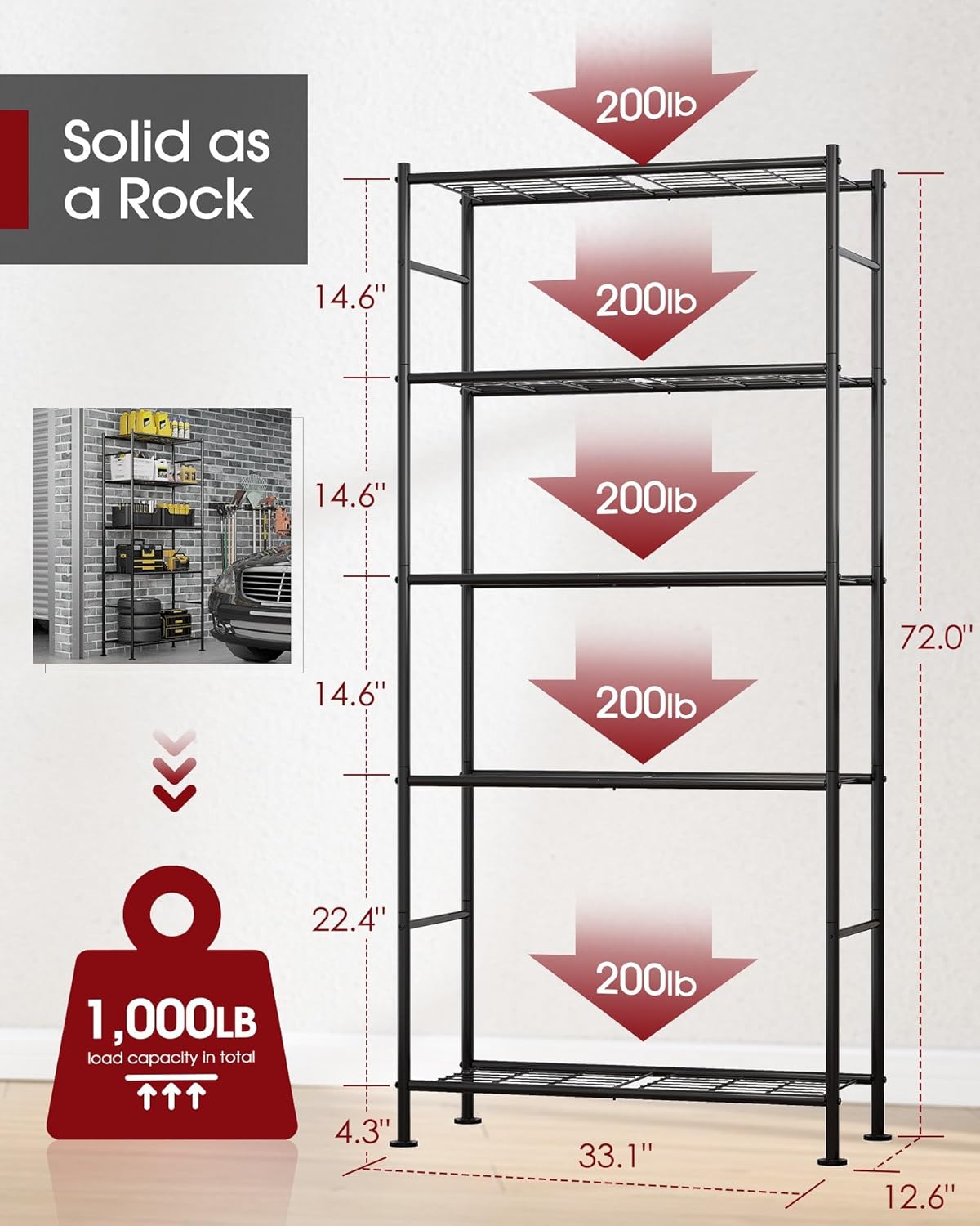 Storage Shelves - 5 Tier Shelf Organizer, Heavy Duty Garage Shelving Unit with Leveling Feet, Stable Metal Shelves Organizer for Pantry, Kitchen and Closet, 33.1" W X 12.6" D X 72.0" H, Black - Image 2