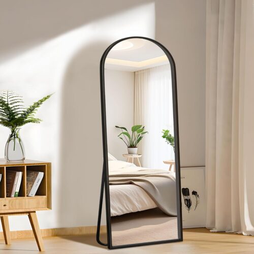 Arched Full Length Mirror with Stand, 57″x20″ Full Body Mirror Standing Hanging or Leaning Wall, Arch Wall Mirror with Aluminum Alloy Thin Frame for Bedroom Living Room Black