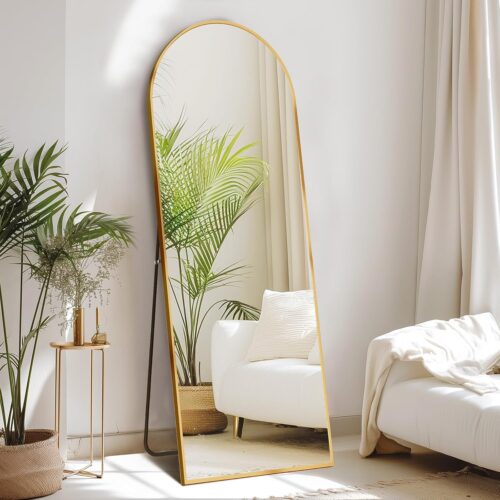 Sweetcrispy 64″x21″ Arched Full Length Mirror, Standing or Leaning Full Body Mirror with Aluminum Alloy Thin Frame, Suitable for Bedroom or Cloakroom,Gold