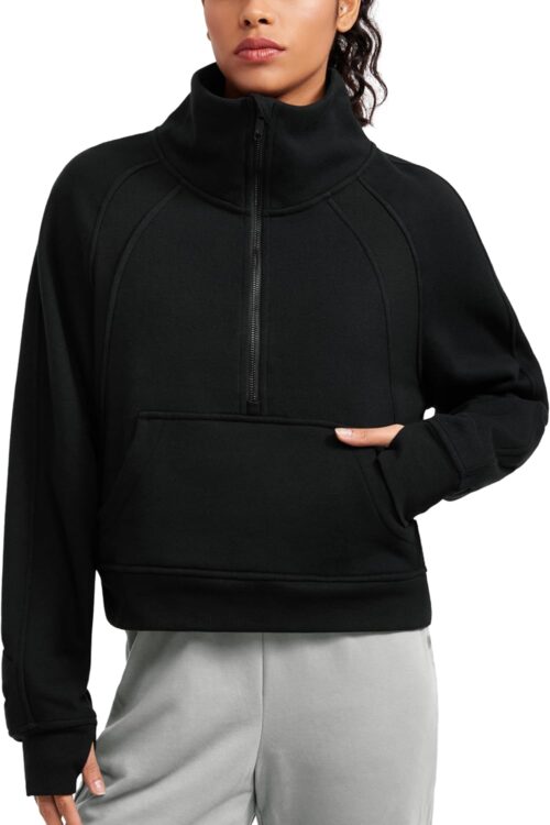 CRZ YOGA Womens Fleece Lined Half Zipper Sweatshirts Funnel Neck Long Sleeve Oversized Pullover Hoodies with Thumb Holes