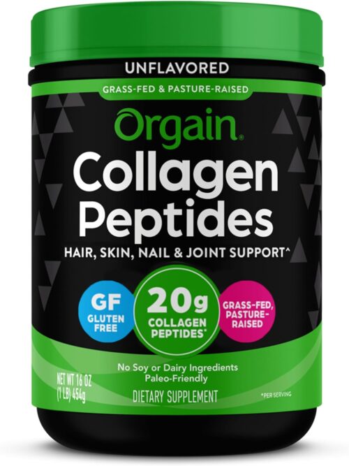 Orgain Hydrolyzed Collagen Peptides Powder For Women & Men, 20g Grass Fed Collagen, Unflavored – Hair, Skin, Nail, & Joint Support Supplement, Paleo & Keto, Non-GMO, Type I and III, 1lb