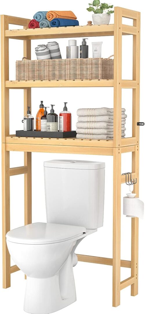 Homykic Over The Toilet Storage, 3-Tier Bamboo Bathroom Shelf with 3 Hooks, Above Toilet Organizer Rack Freestanding for Small Space, Restroom, Laundry, Easy Assembly, Natural