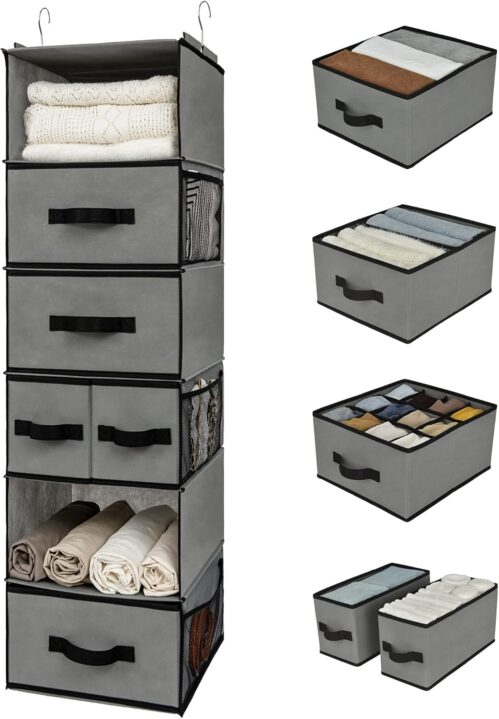 GRANNY SAYS Hanging Closet Organizer 6 Shelves, Closet Organization and Storage with 5 Different Drawers, 6 Side Pockets Wardrobe Clothes Organizer for Closet, Gray, 1-Pack