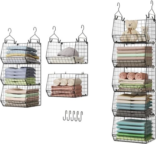 5 Tier Closet Hanging Organizer, Clothes Hanging Shelves with 4 Hanging Hooks 5 S Hooks, Wire Storage Basket Bins, for Clothing Sweaters Shoes Handbags Clutches Accessories Patent Design