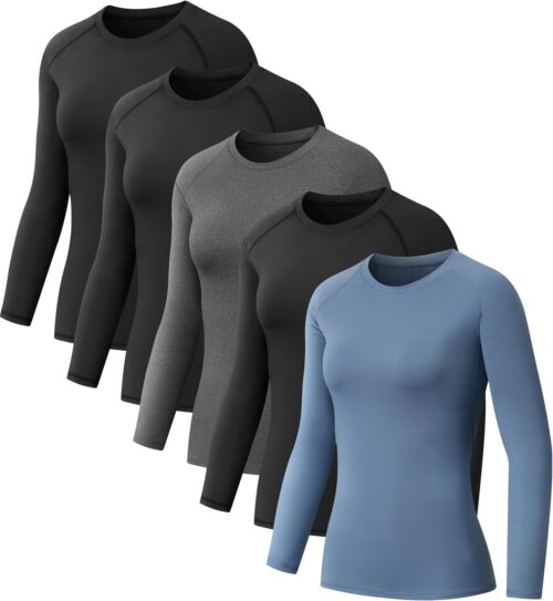 5 Pack Women’s Compression Shirt Long Sleeve Workout Tops Athletic Baselayer Quick Dry Gym Yoga Running T-Shirt