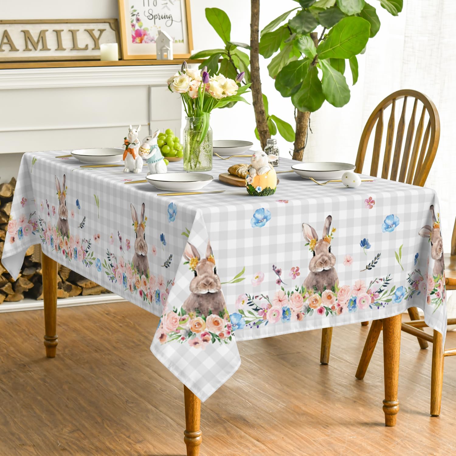 Horaldaily Easter Tablecloth 60x84 Inch Rectangular, Spring Flower Buffalo Plaid Bunny Table Cover for Party Picnic Dinner Decor - Image 4