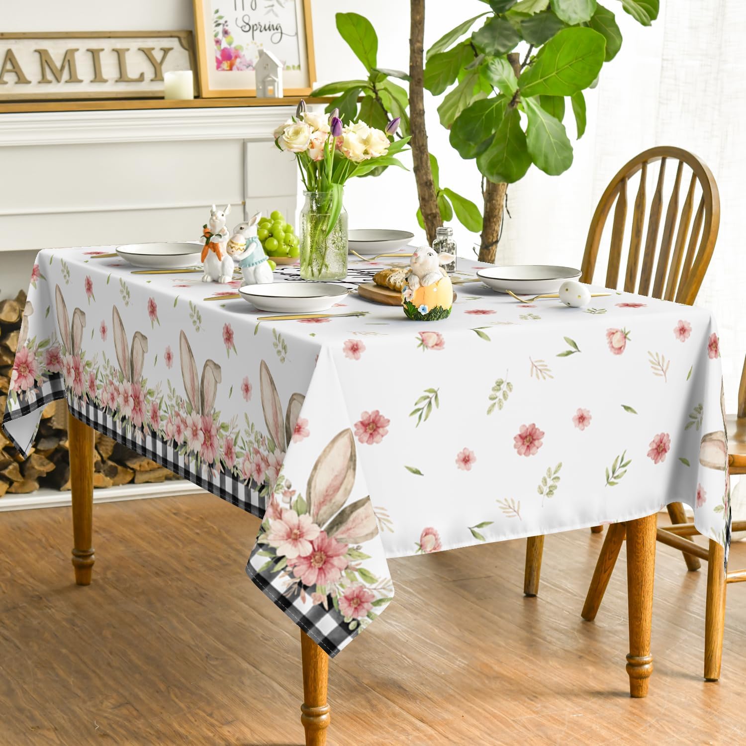 Horaldaily Easter Tablecloth 60x84 Inch Rectangular, Spring Flower Buffalo Plaid Bunny Ear Table Cover for Party Picnic Dinner Decor - Image 4