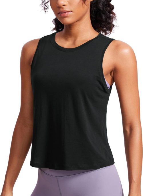 CRZ YOGA Pima Cotton High Neck Cropped Tank Tops for Women Crop Athletic Gym Workout Sleeveless Shirts