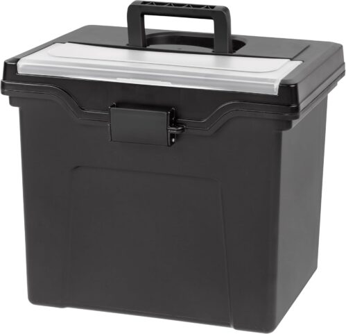 IRIS USA File Box with Lid File Organizer for Letter File w/ Organizer-Lid, Plastic Mobile Filing Organizer, Water Resistant Document Box, Portable File Box with Handle, Secure Buckle, Lockable, Black