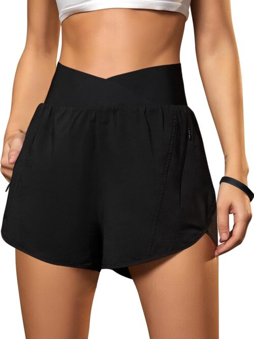 Blooming Jelly Women’s Workout Shorts Athletic Running Shorts Crossover High Waisted Gym Shorts with Zipper Pockets 2.5″